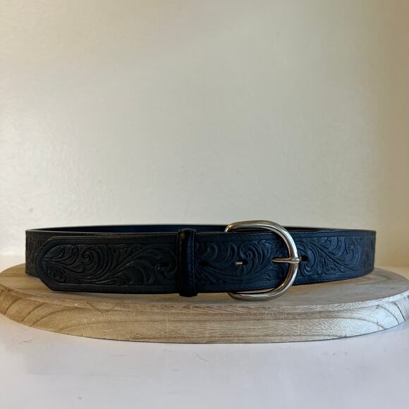 Silver Creek USA Made Floral Tooled Black Genuine Leather Silver Belt Size Large - Picture 11 of 12